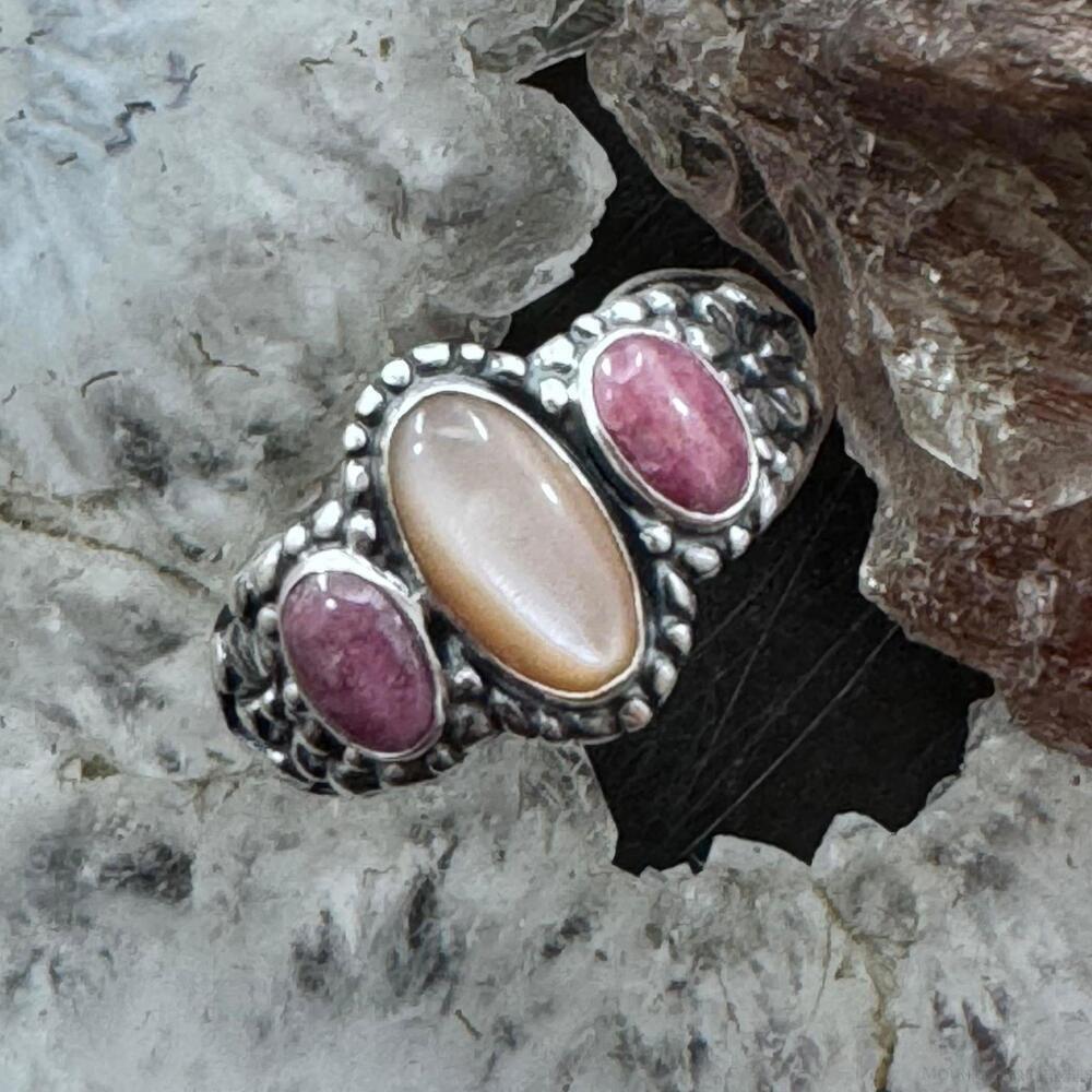 Carolyn Pollack Sterling Oval Peach Mother of Pearl & Rhodonite Ring For Women